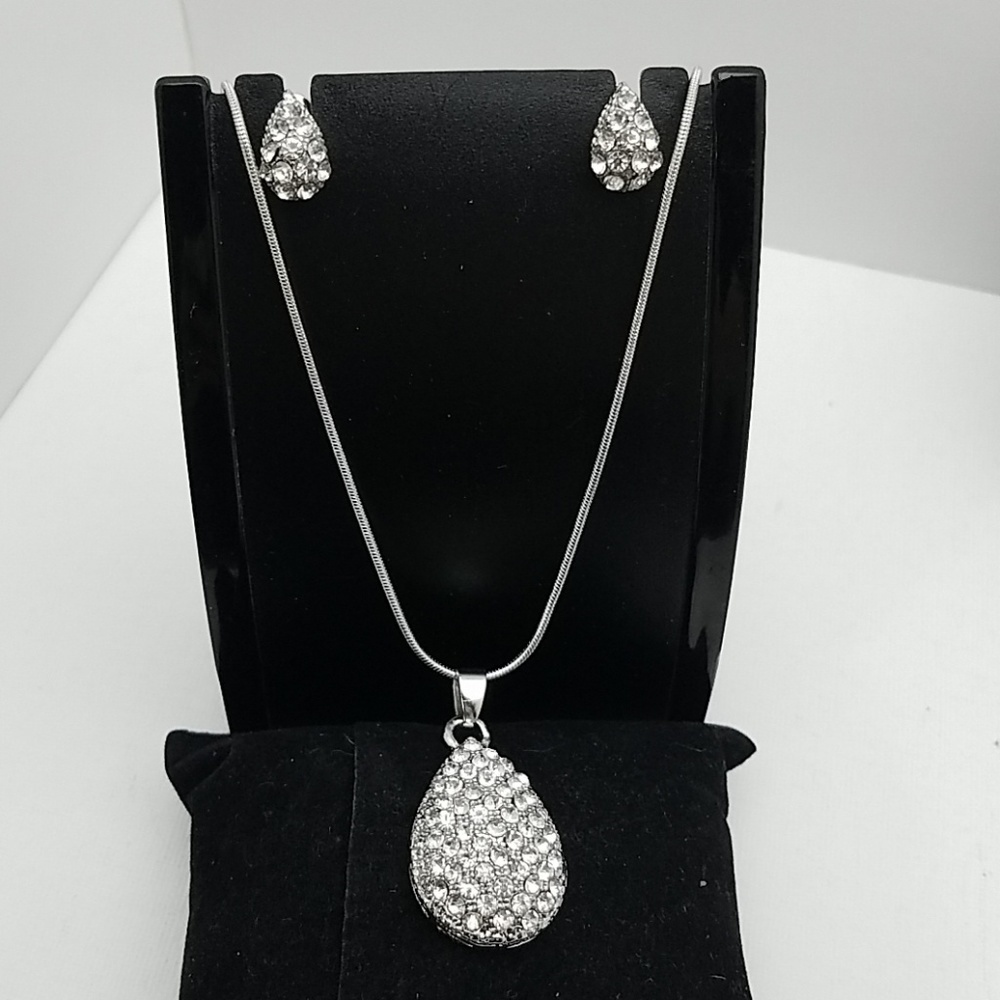 Tear Drop Rhinestone Silver Tone 16" 2 pc Set